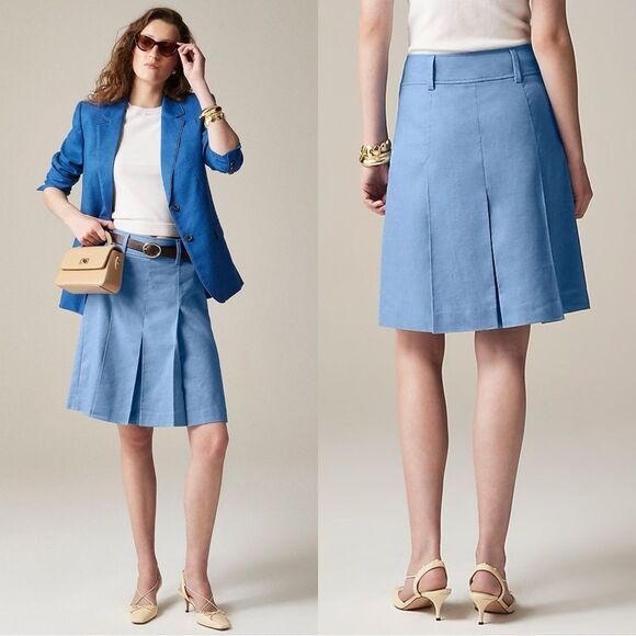 NWT J CREW Pleated knee-length skirt in stretch linen blend in blue - Picture 1 of 7